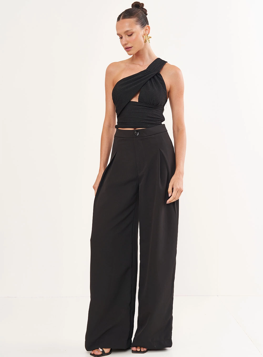 Blusa Malha Metalizada Uma Alça Preto
