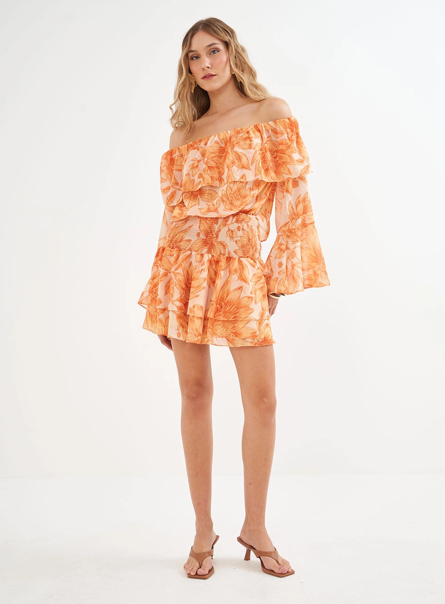 Blusa Estampada Ombro A Ombro Com Babados