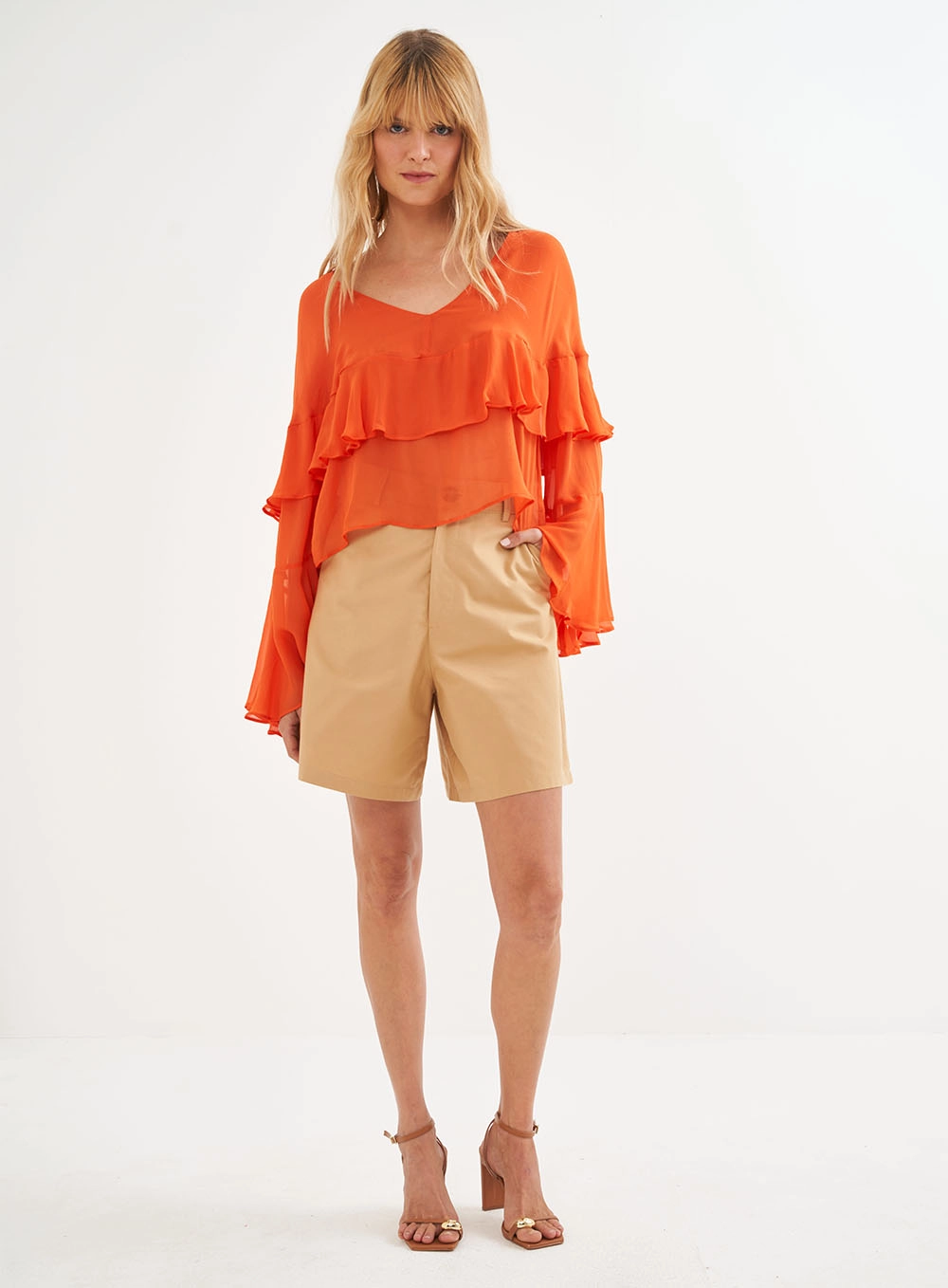Blusa Fluida Com Babados Laranja