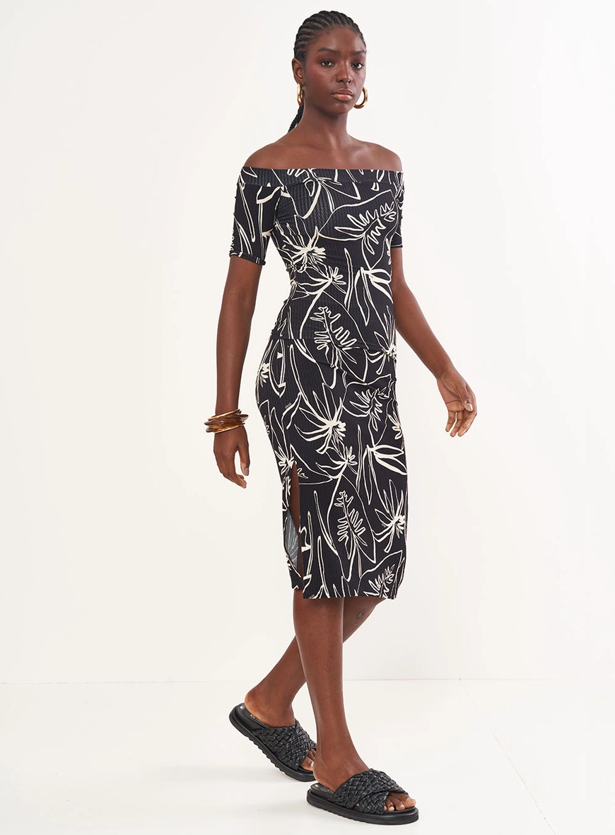 Blusa Canelada Estampada Ombro À Ombro