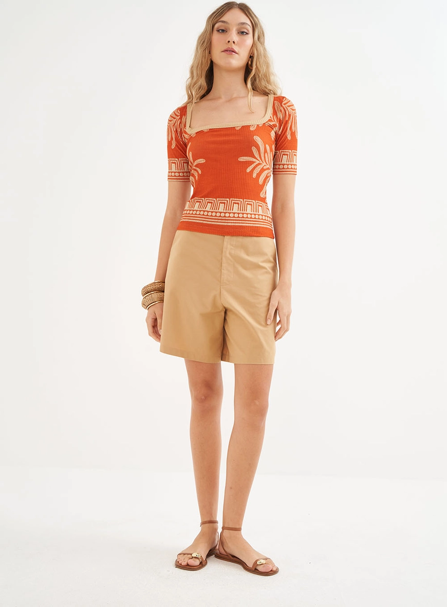 Blusa Estampada Canelada Decote Quadrado