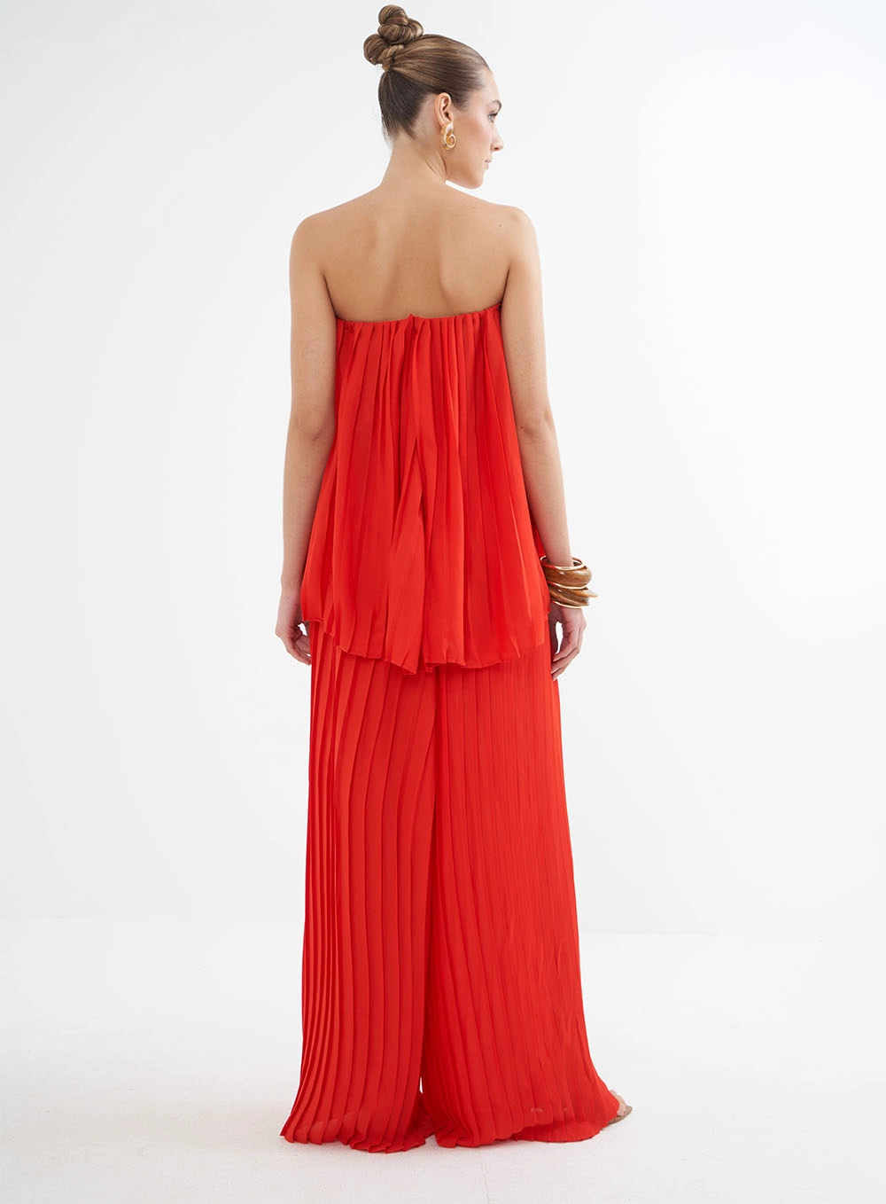 Blusa Plissada Alongada Sem Alças Vermelho