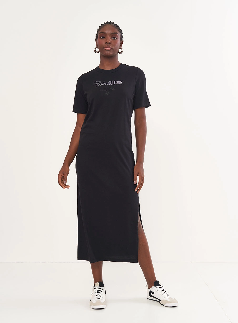 Vestido T-shirt Midi Com Estampa Frontal Preto