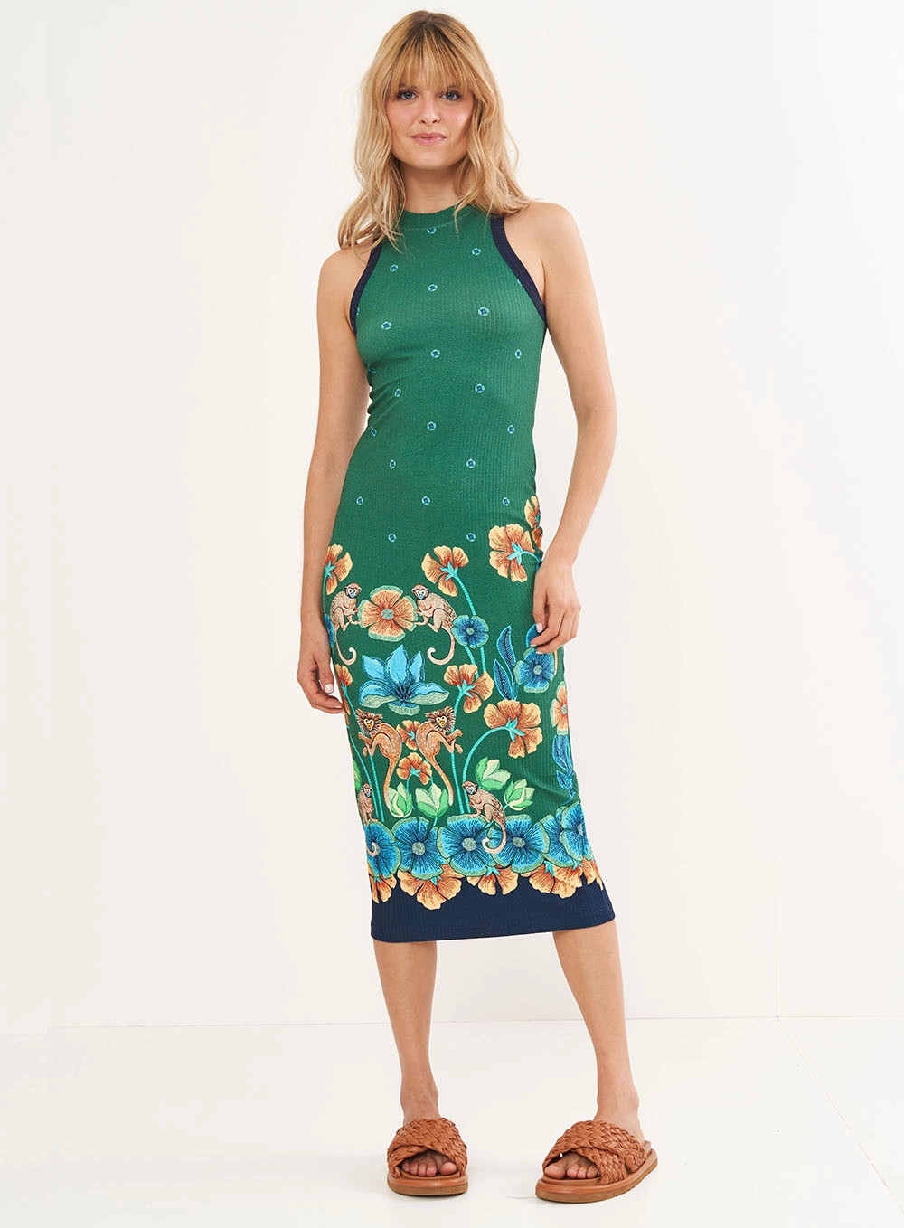Vestido Estampado Midi Canelado Justo Estampados