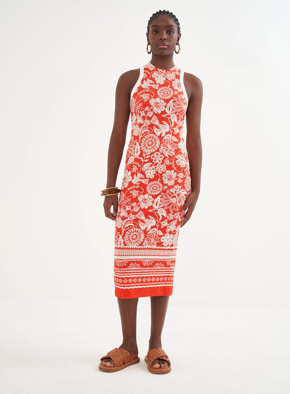 Vestido Estampado Midi Canelado Justo Estampados