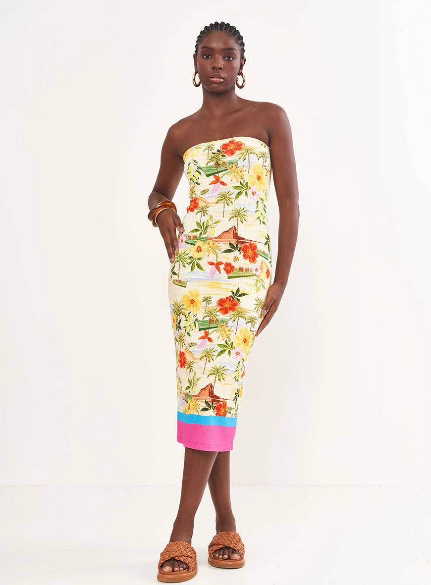Vestido Estampado Canelado Sem Alças