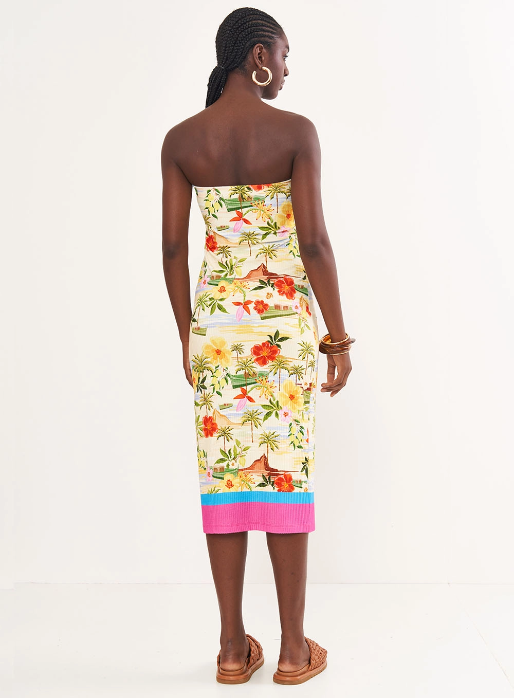 Vestido Estampado Canelado Sem Alças Estampados
