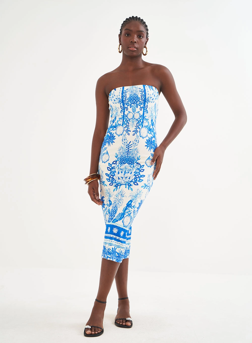 Vestido Estampado Canelado Sem Alças Estampados