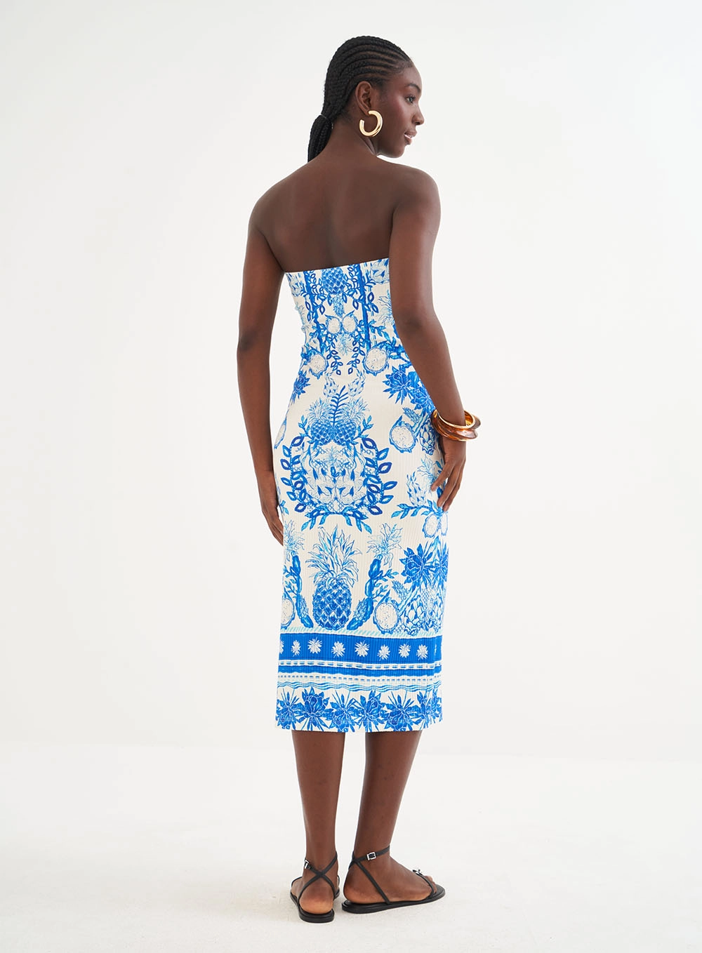 Vestido Estampado Canelado Sem Alças Estampados
