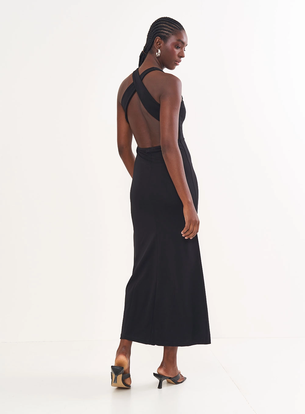Vestido Midi Justo Com Transpasse Costas Preto