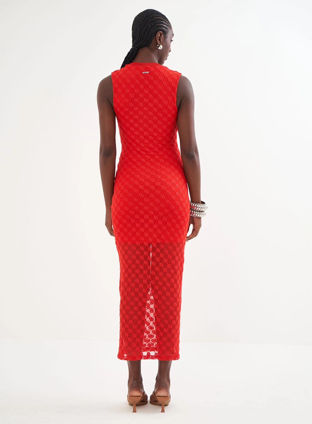 Vestido Midi Em Tule Justo Vermelho