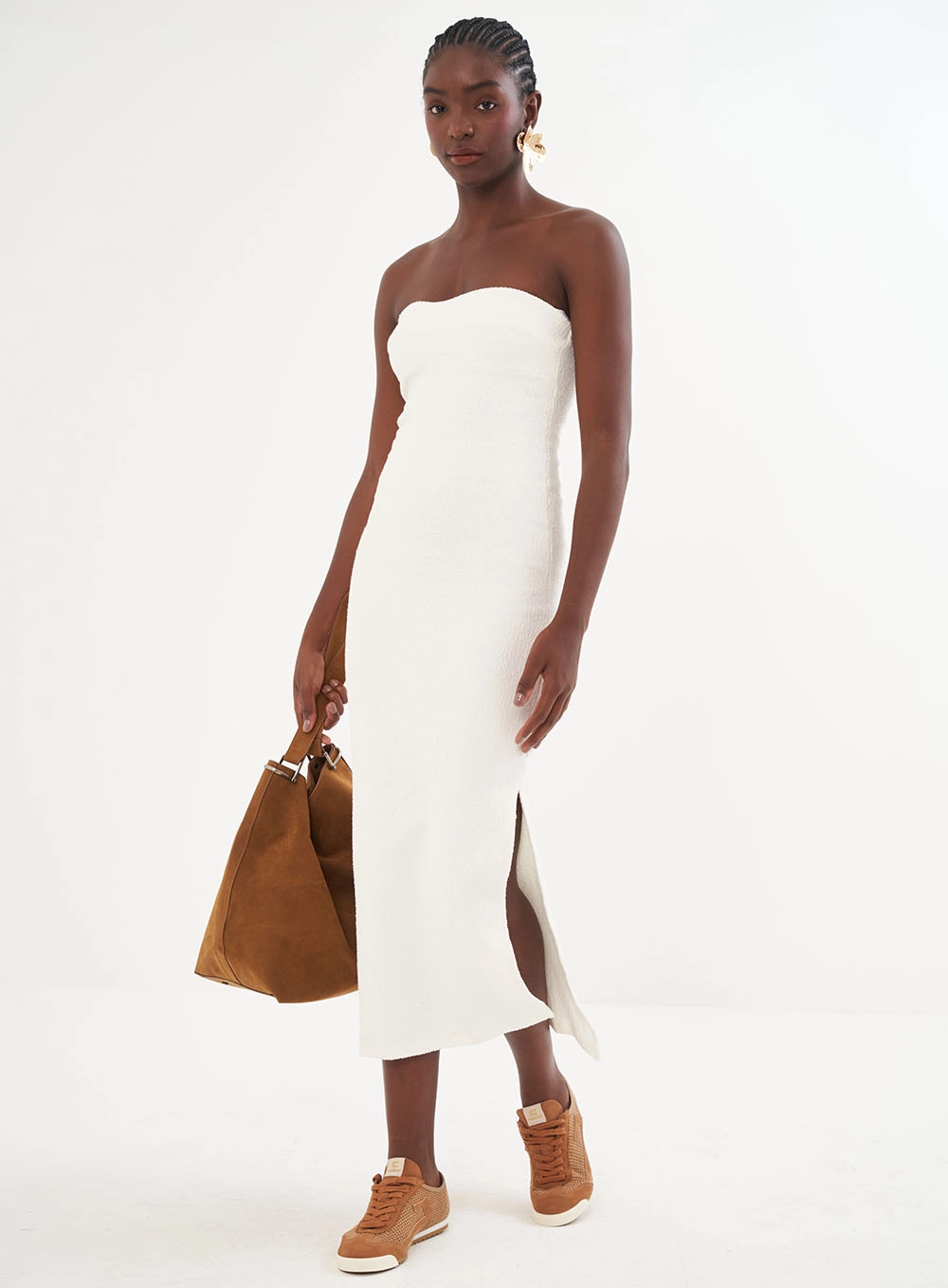 Vestido Texturizado Midi Sem Mangas Off Shell