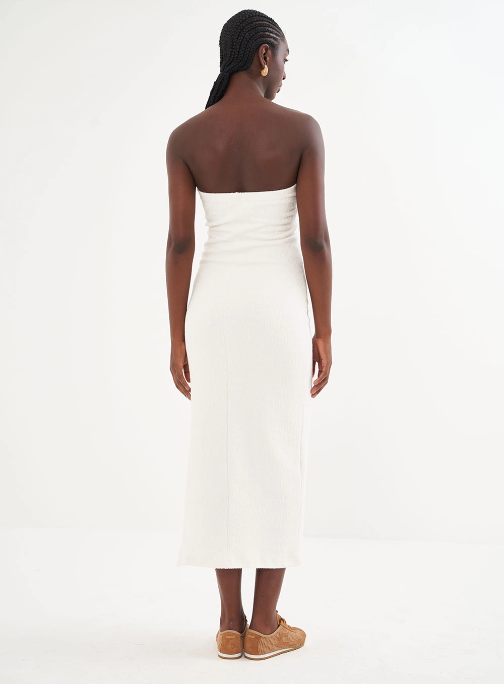 Vestido Texturizado Midi Sem Mangas Off Shell