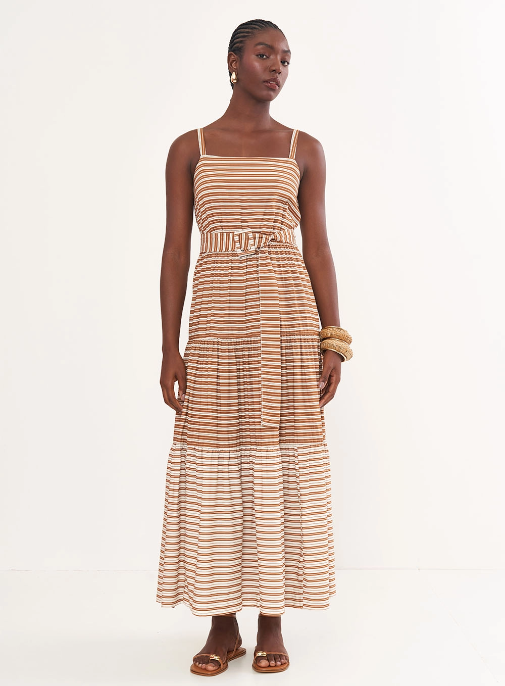 Vestido Longo Listrado Acinturado Estampados