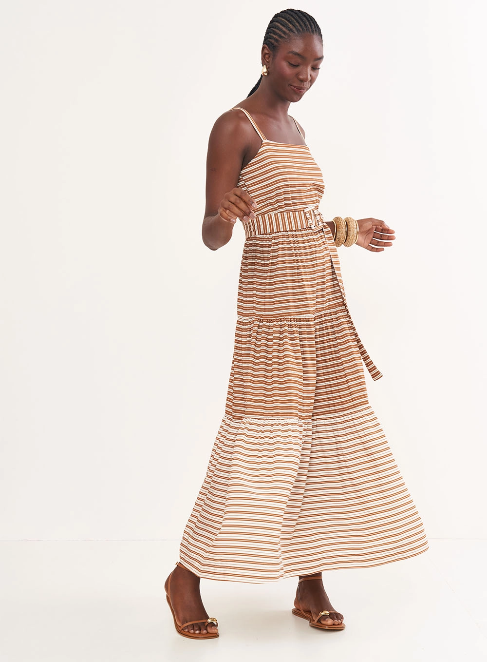 Vestido Longo Listrado Acinturado Estampados