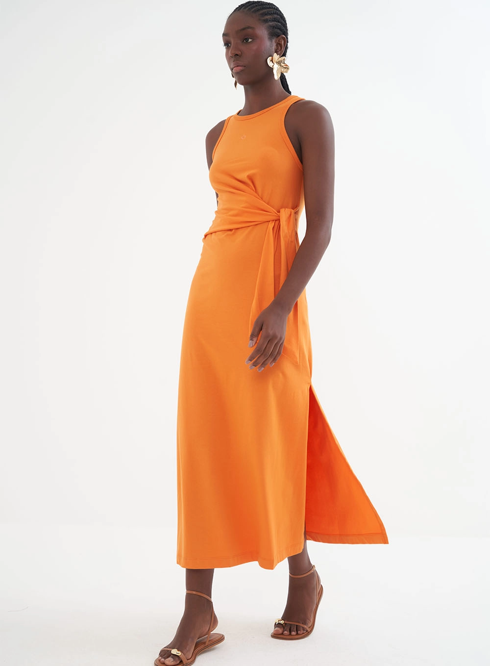 Vestido Midi Com Amarração Lateral Laranja