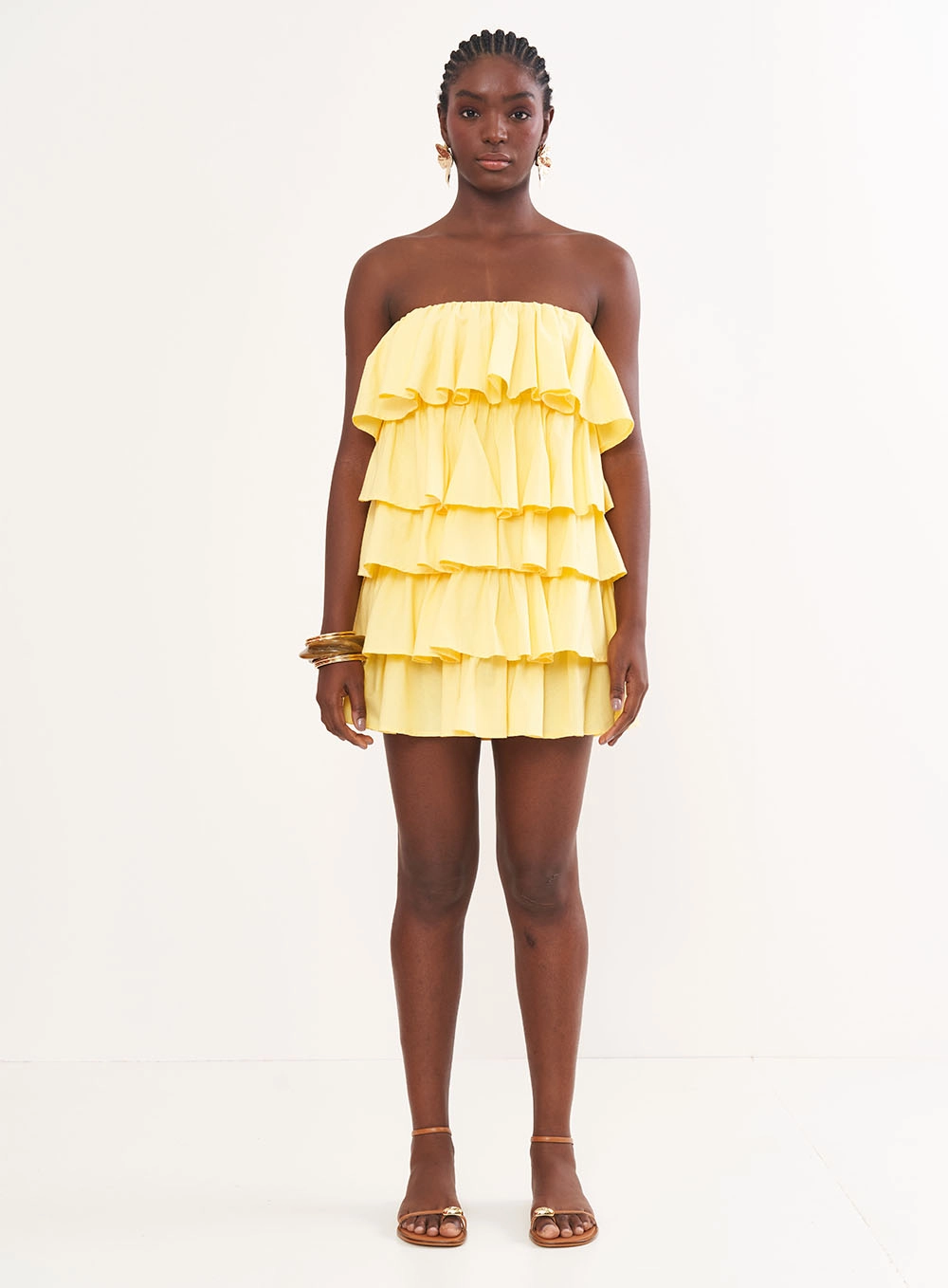 Vestido Encurtado Em Babados Sem Alças Amarelo