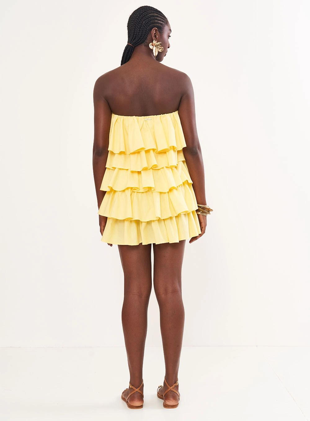 Vestido Encurtado Em Babados Sem Alças Amarelo
