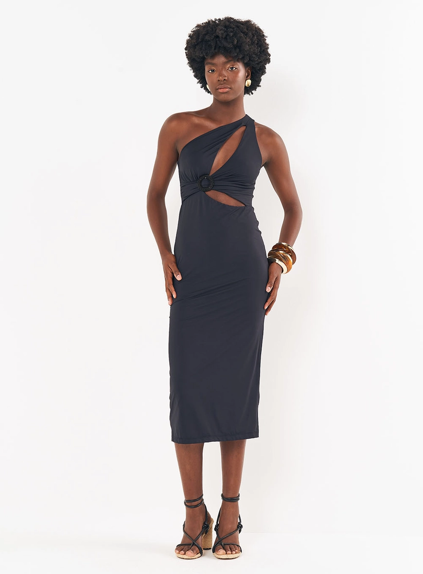 Vestido Midi Justo Uma Alça Com Recortes