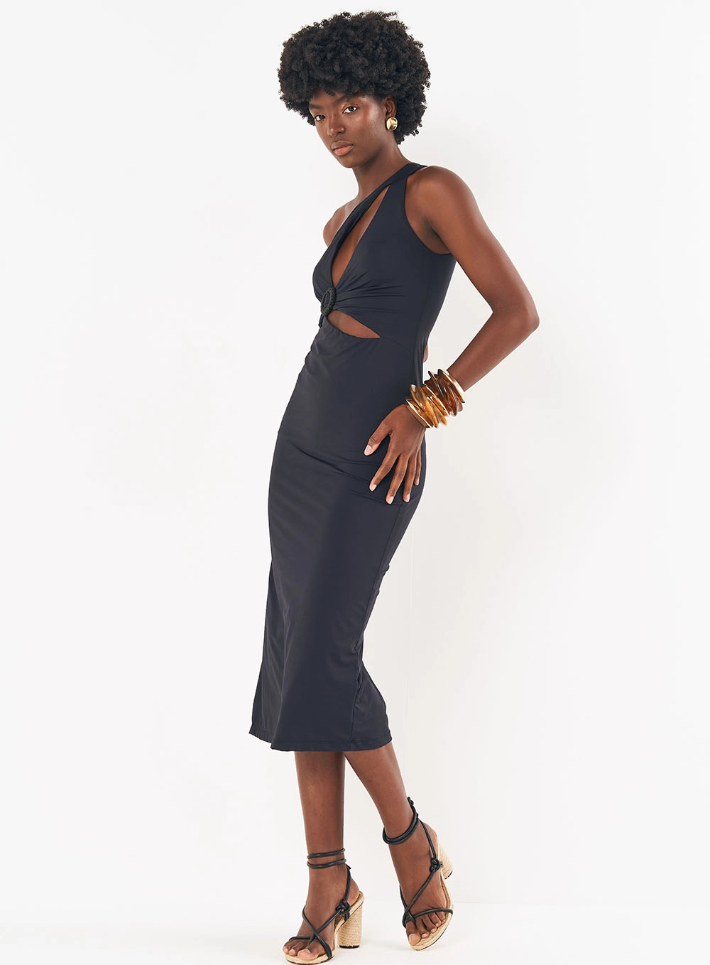 Vestido Midi Justo Uma Alça Com Recortes Preto