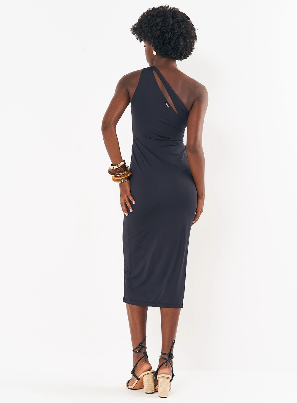 Vestido Midi Justo Uma Alça Com Recortes Preto