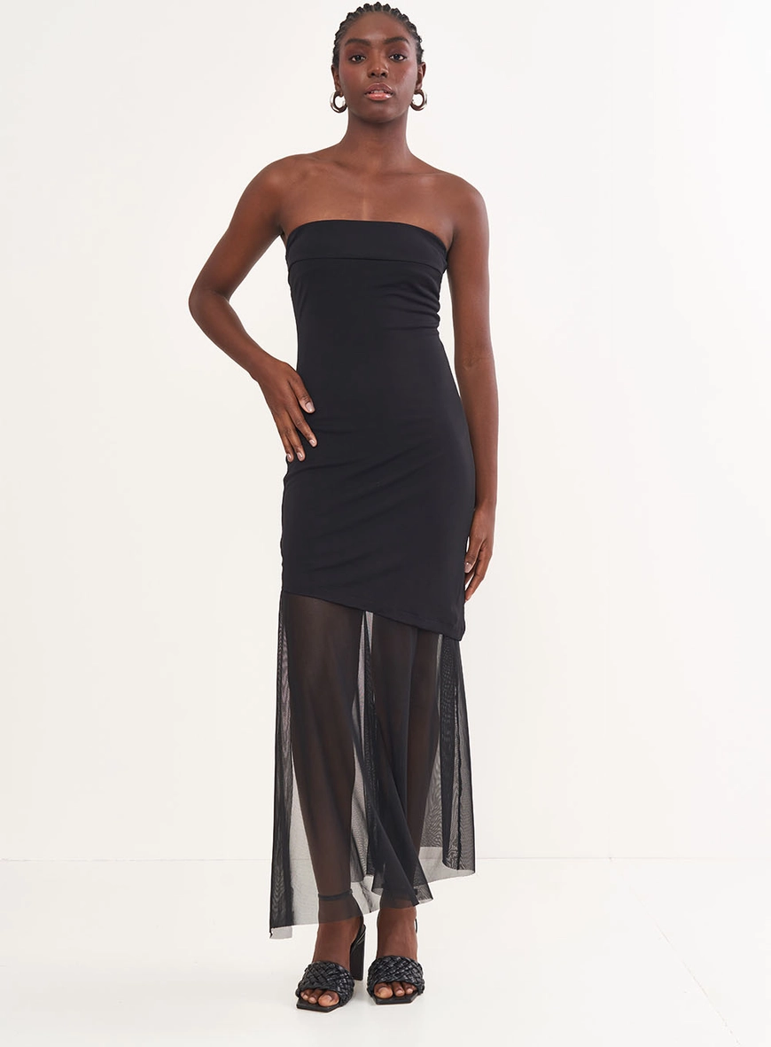 Vestido Midi Assimétrico Detalhe Tule