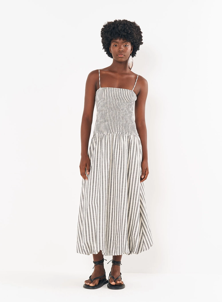 Vestido Linho Listrado Midi Balonê