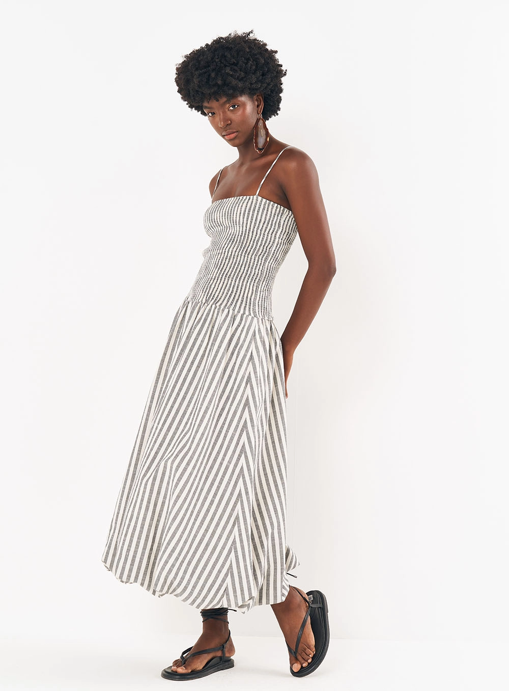 Vestido Linho Listrado Midi Balonê Estampados