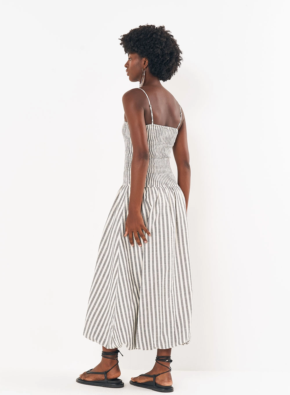 Vestido Linho Listrado Midi Balonê Estampados