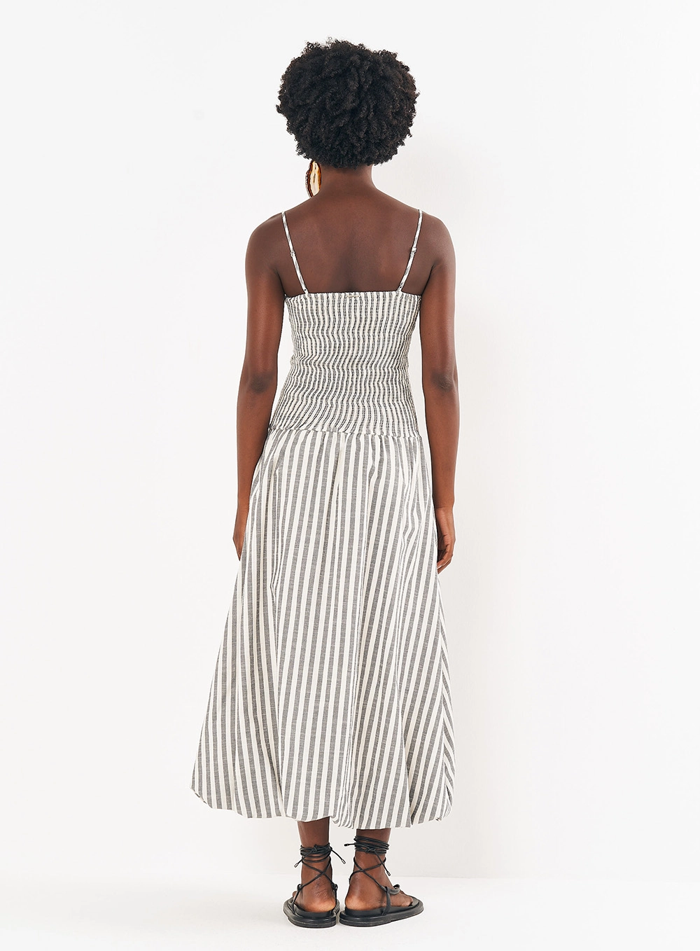 Vestido Linho Listrado Midi Balonê Estampados