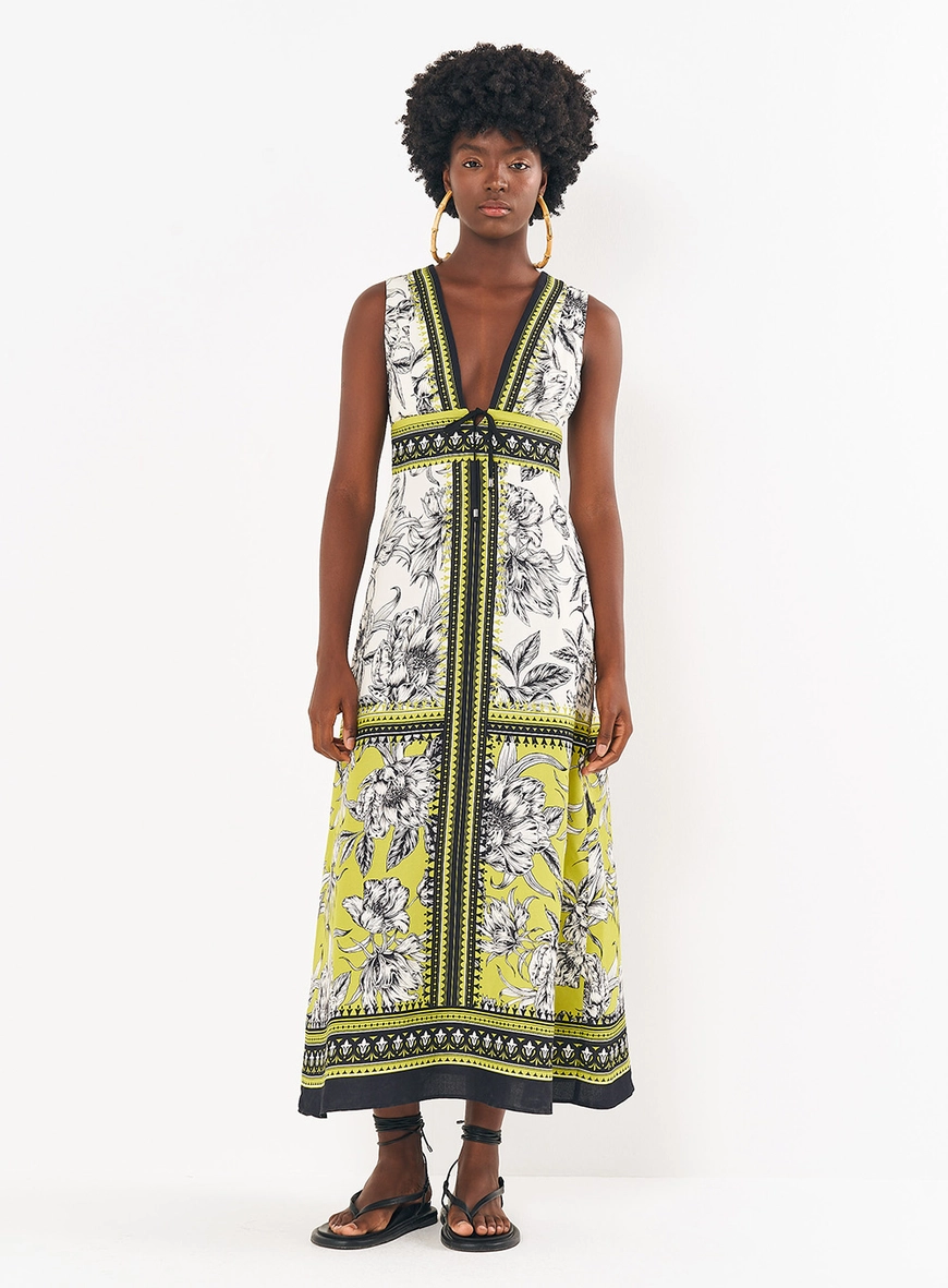 Vestido Linho Estampado Midi