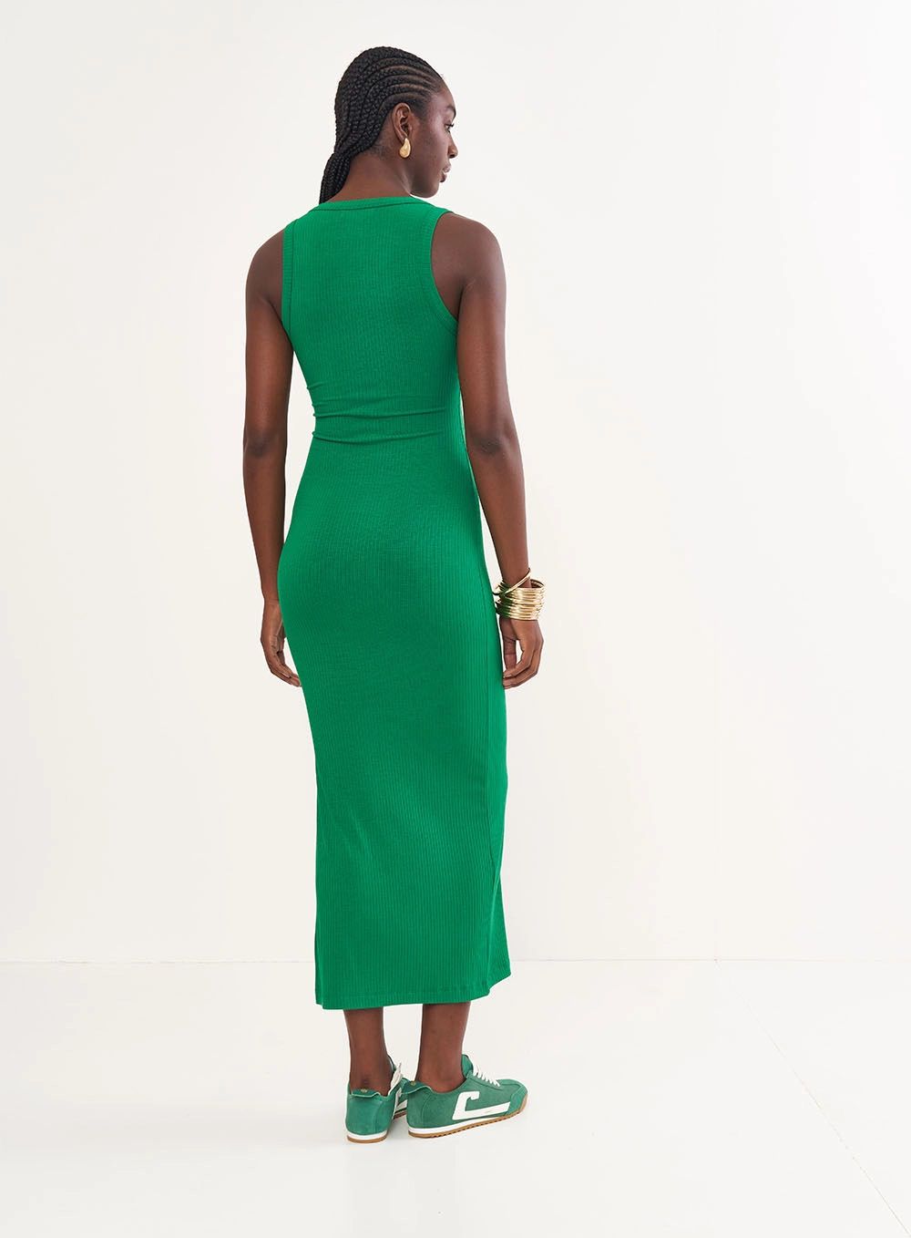 Vestido Canelado Midi Com Fenda Verde Vanity