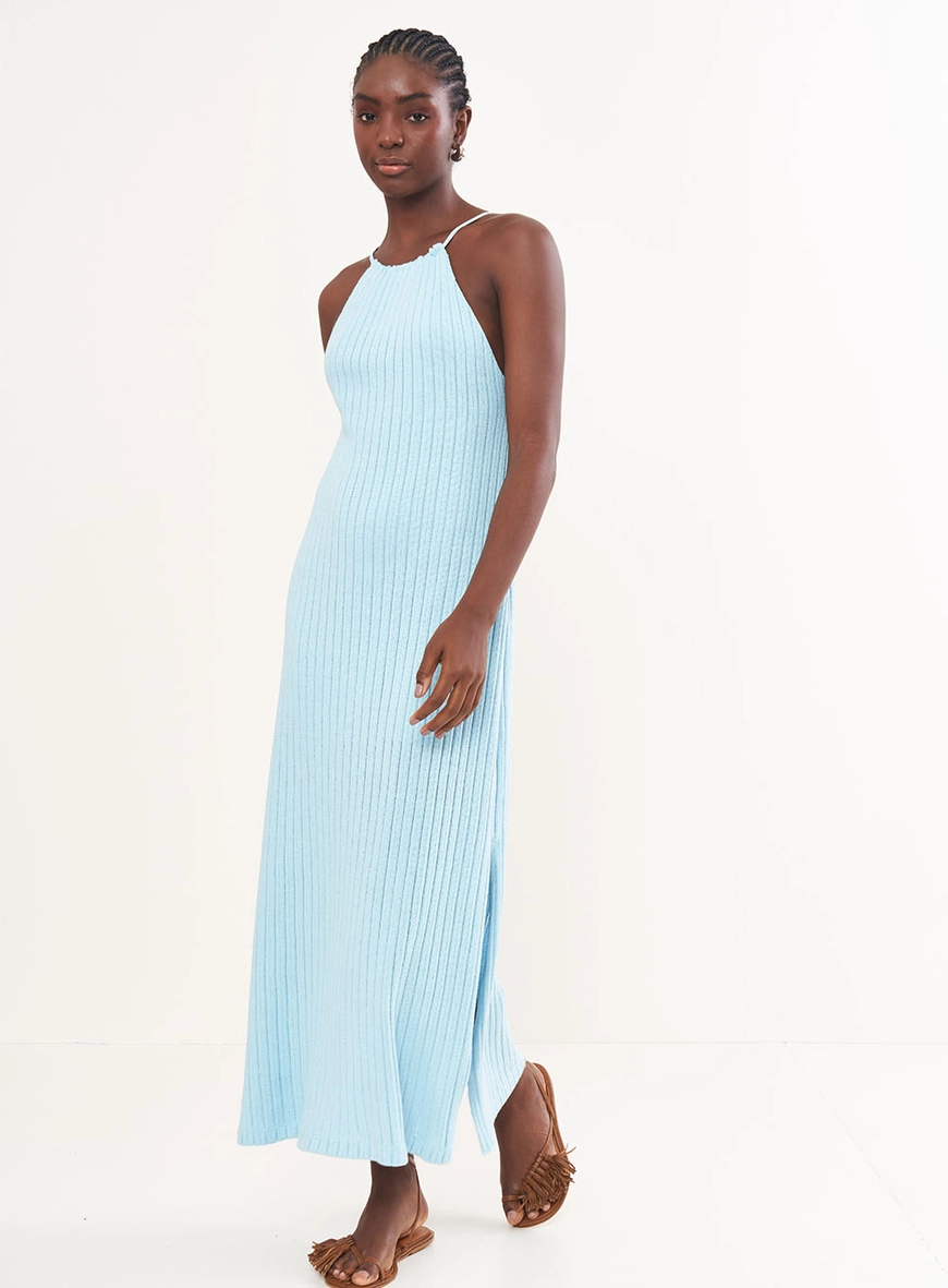 Vestido Midi Canelado Com Decote Costas