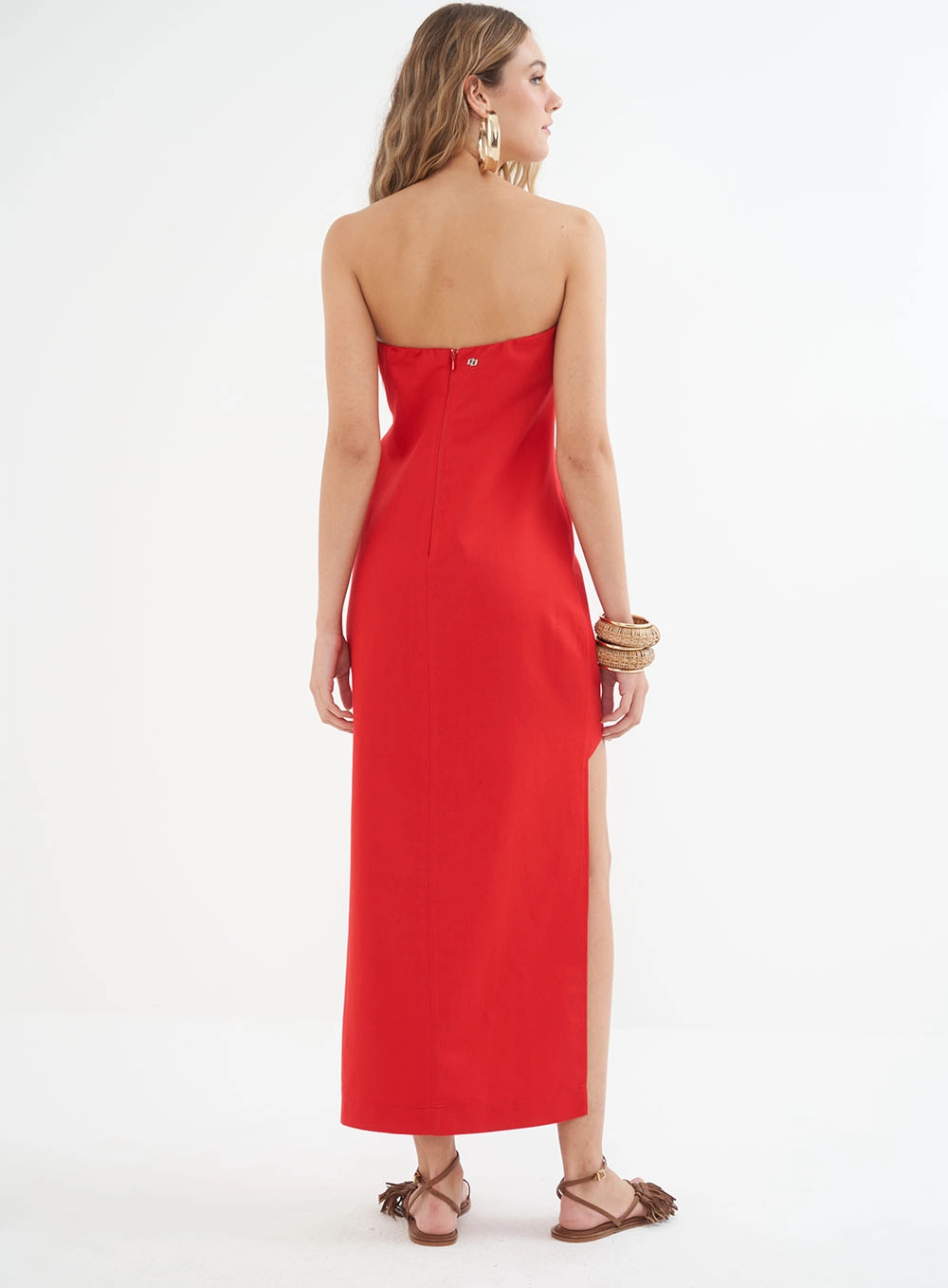 Vestido Linho Midi Com Fenda Sem Alças Vermelho