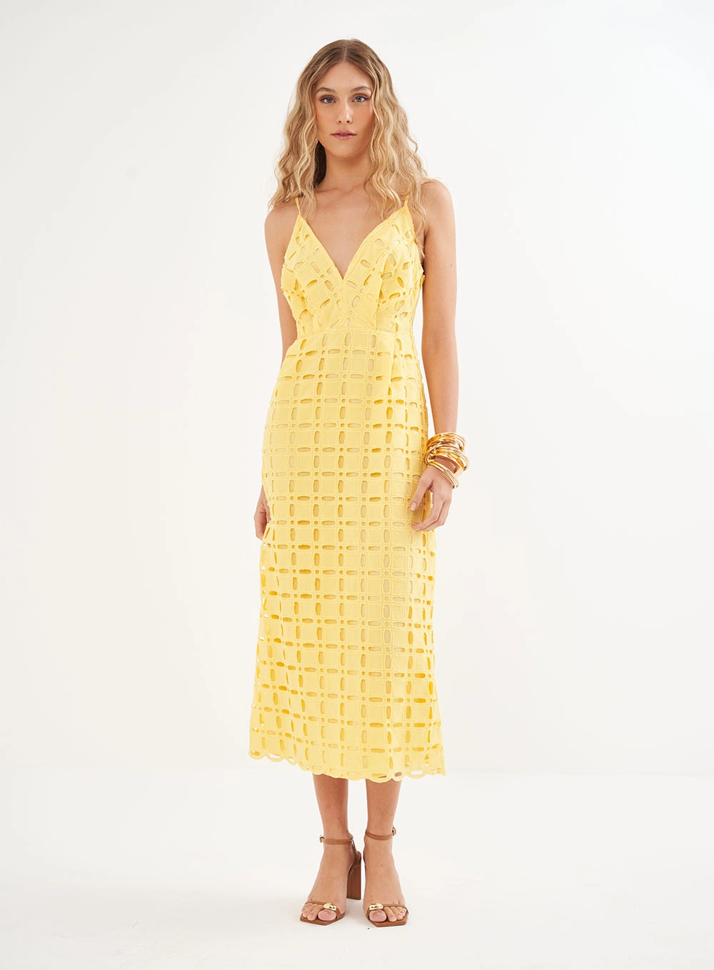 Vestido Midi Laise Decote Em V - Riviera Amarelo