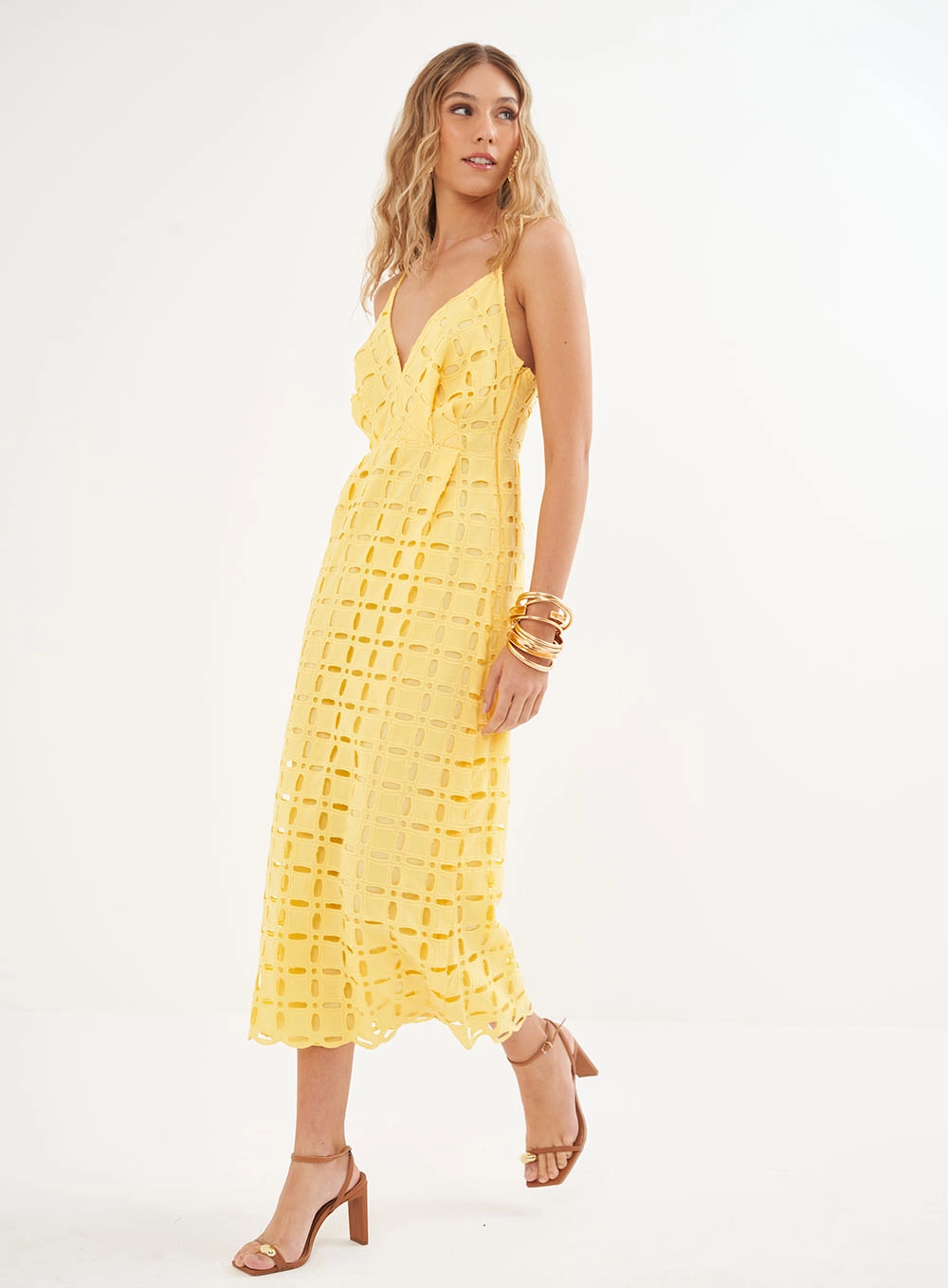 Vestido Midi Laise Decote Em V - Riviera Amarelo