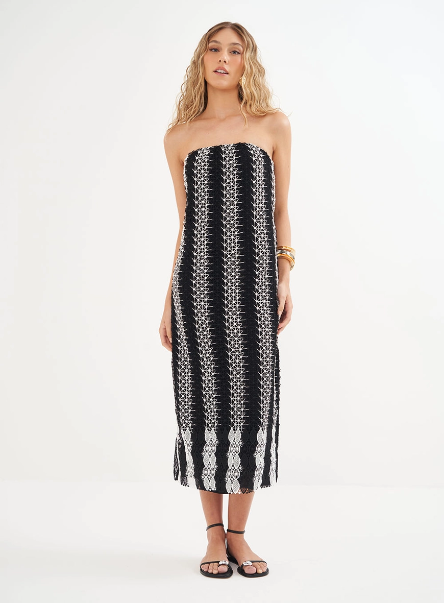 Vestido Estampado Midi Em Renda