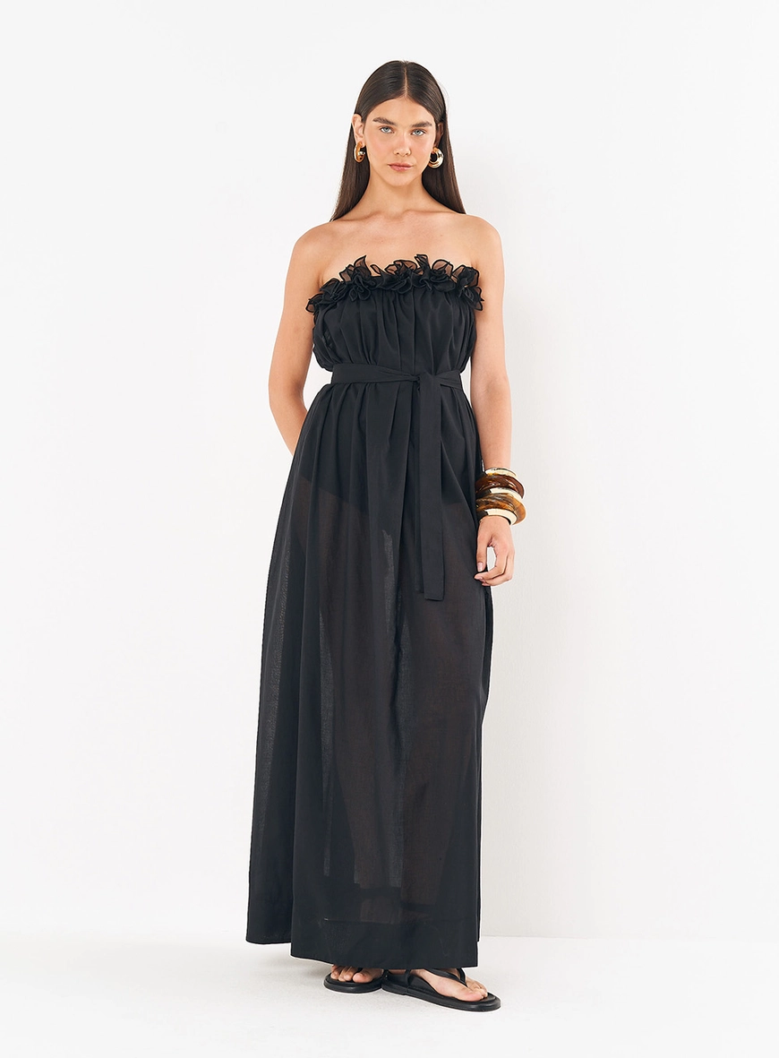 Vestido Longo Com Babados No Busto E Amarração