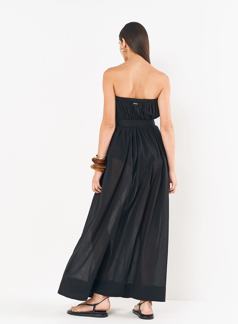Vestido Longo Com Babados No Busto E Amarração Preto