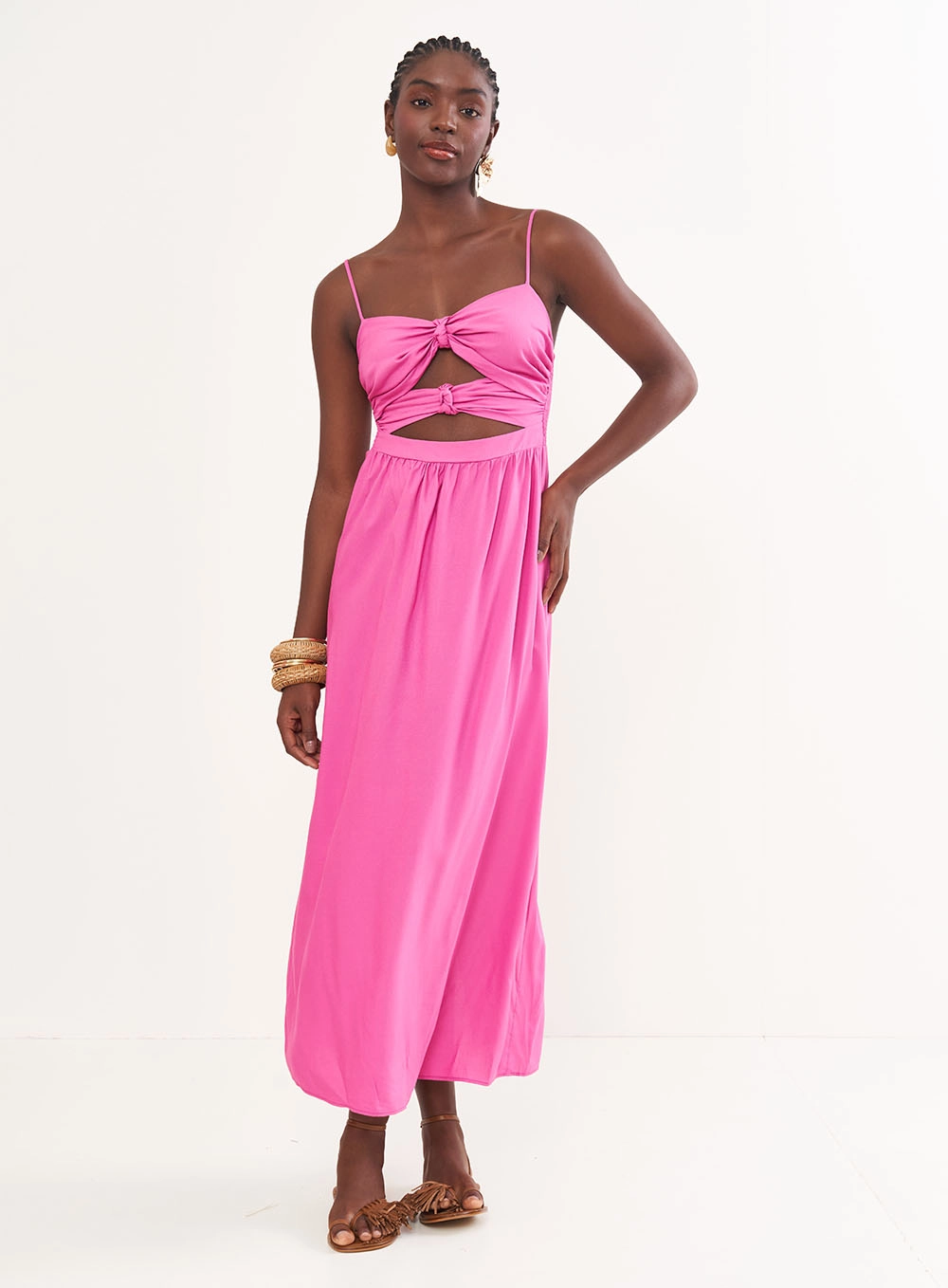 Vestido Midi Com Detalhe Em Nós Rosa