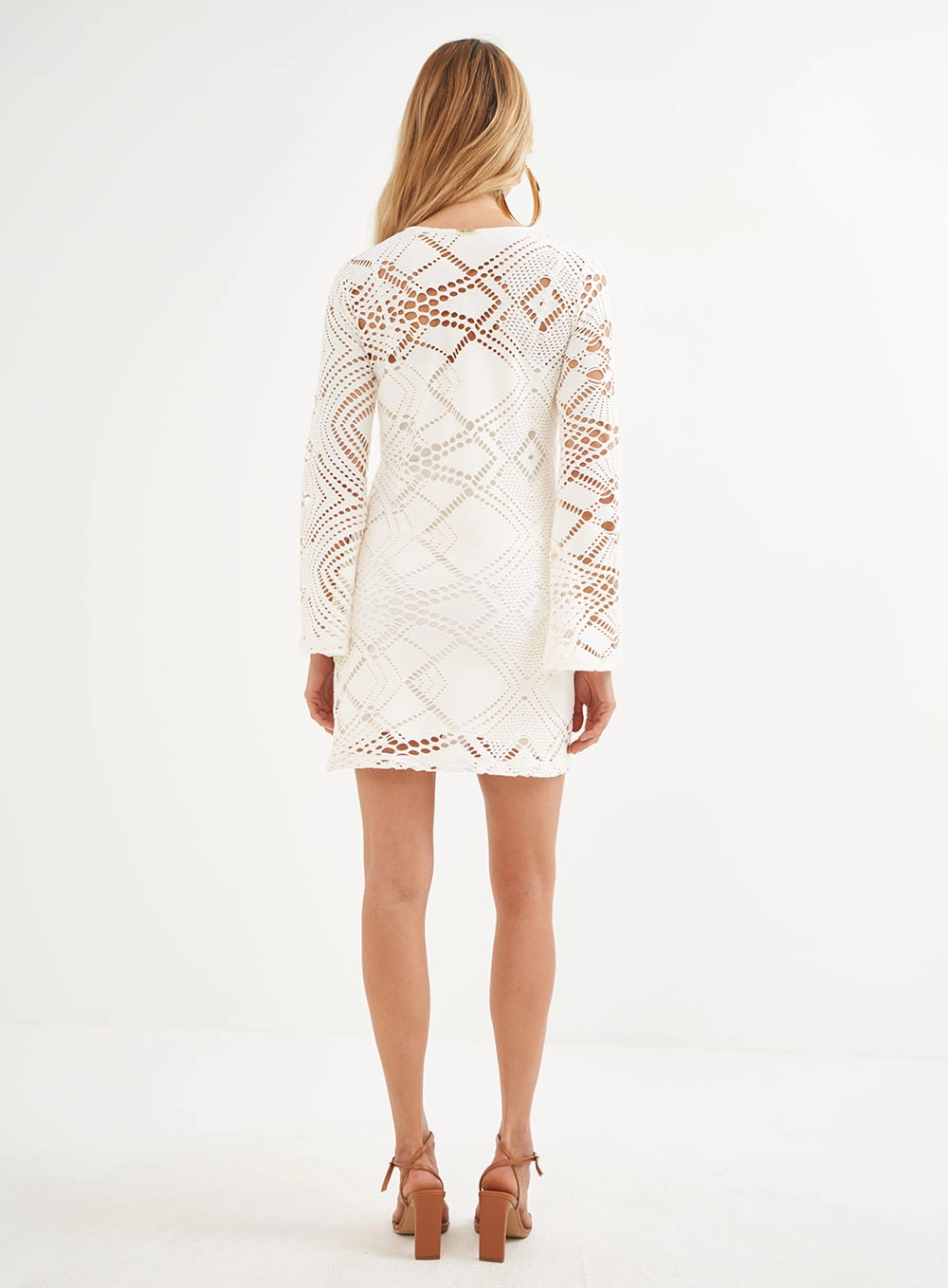 Vestido Tela Em Renda Manga Sino Longa - Riviera Off Shell