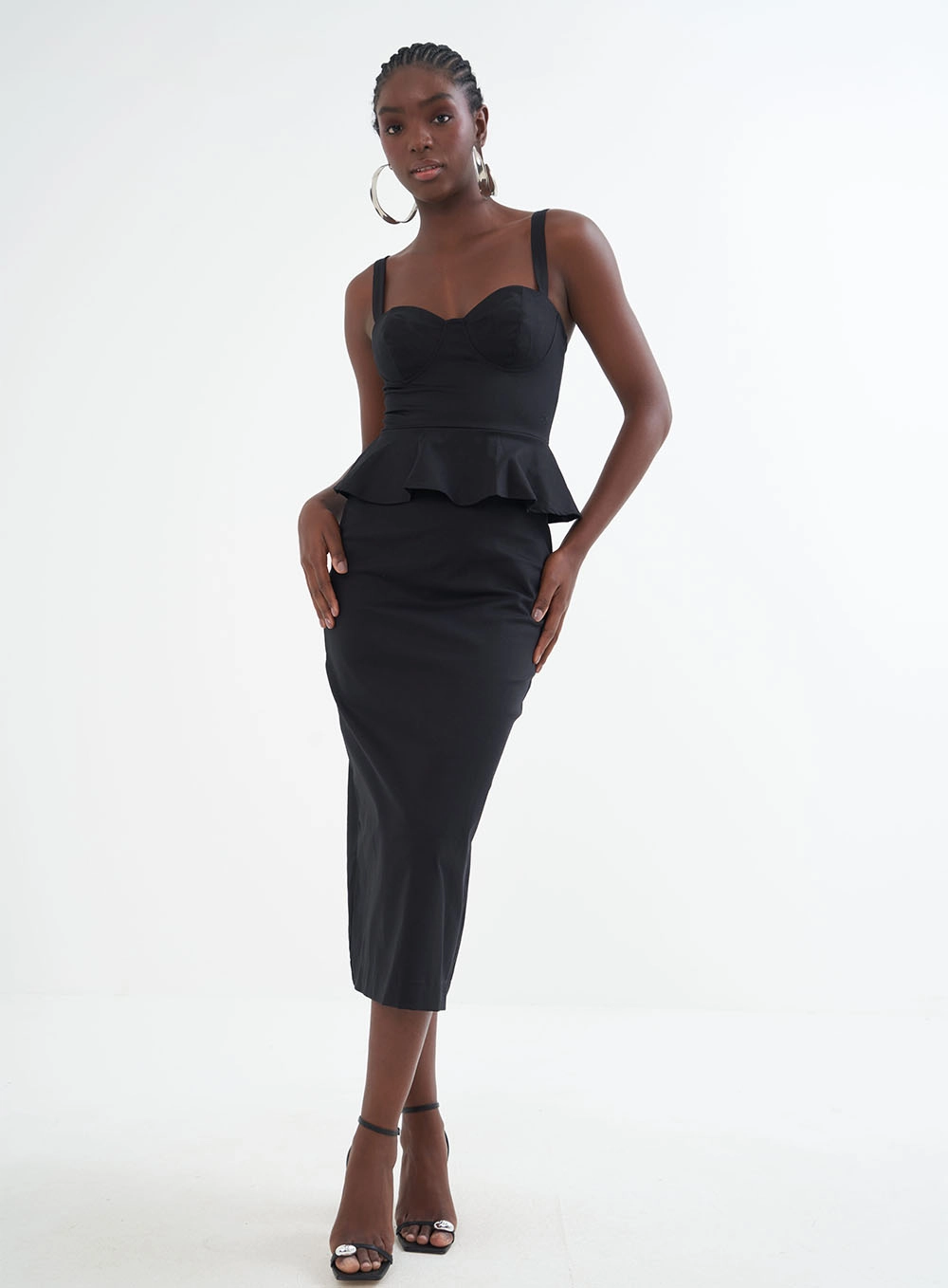 Vestido Midi Com Babados Preto