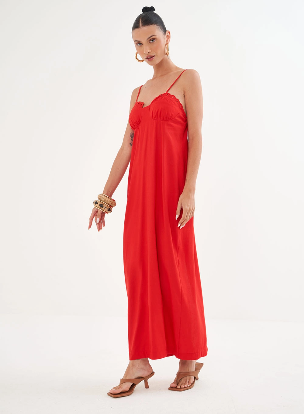 Vestido Linho Longo Com Amarração Vermelho