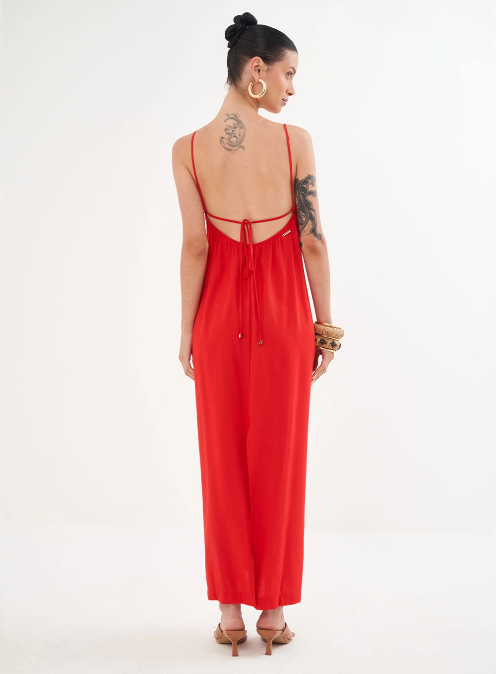 Vestido Linho Longo Com Amarração Vermelho