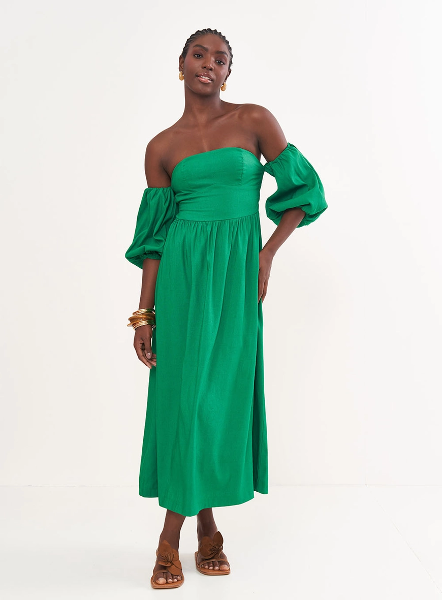 Vestido Linho Com Mangas Bufantes - Riviera