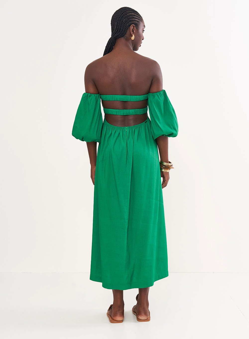 Vestido Linho Com Mangas Bufantes - Riviera Verde Vanity