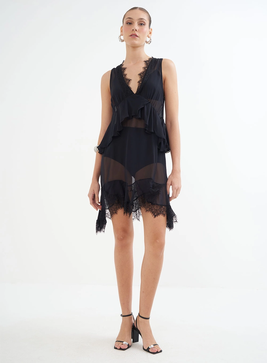 Vestido Em Tule Com Babados E Renda - Riviera