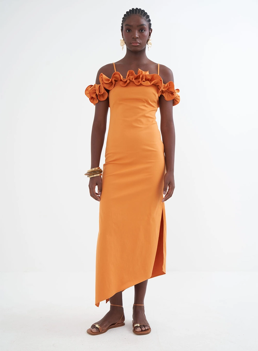 Vestido Midi Assimétrico Com Babados