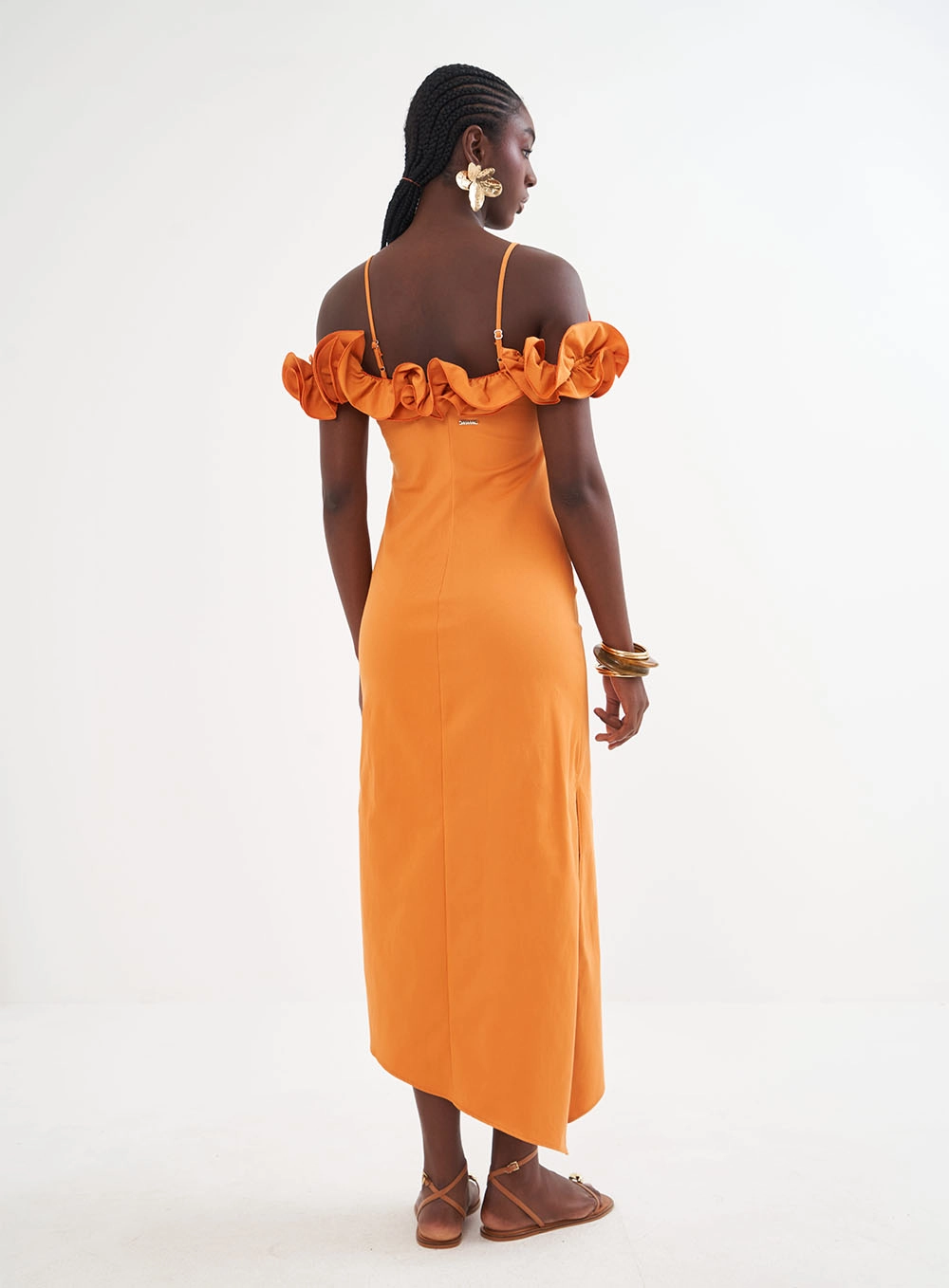 Vestido Midi Assimétrico Com Babados Laranja