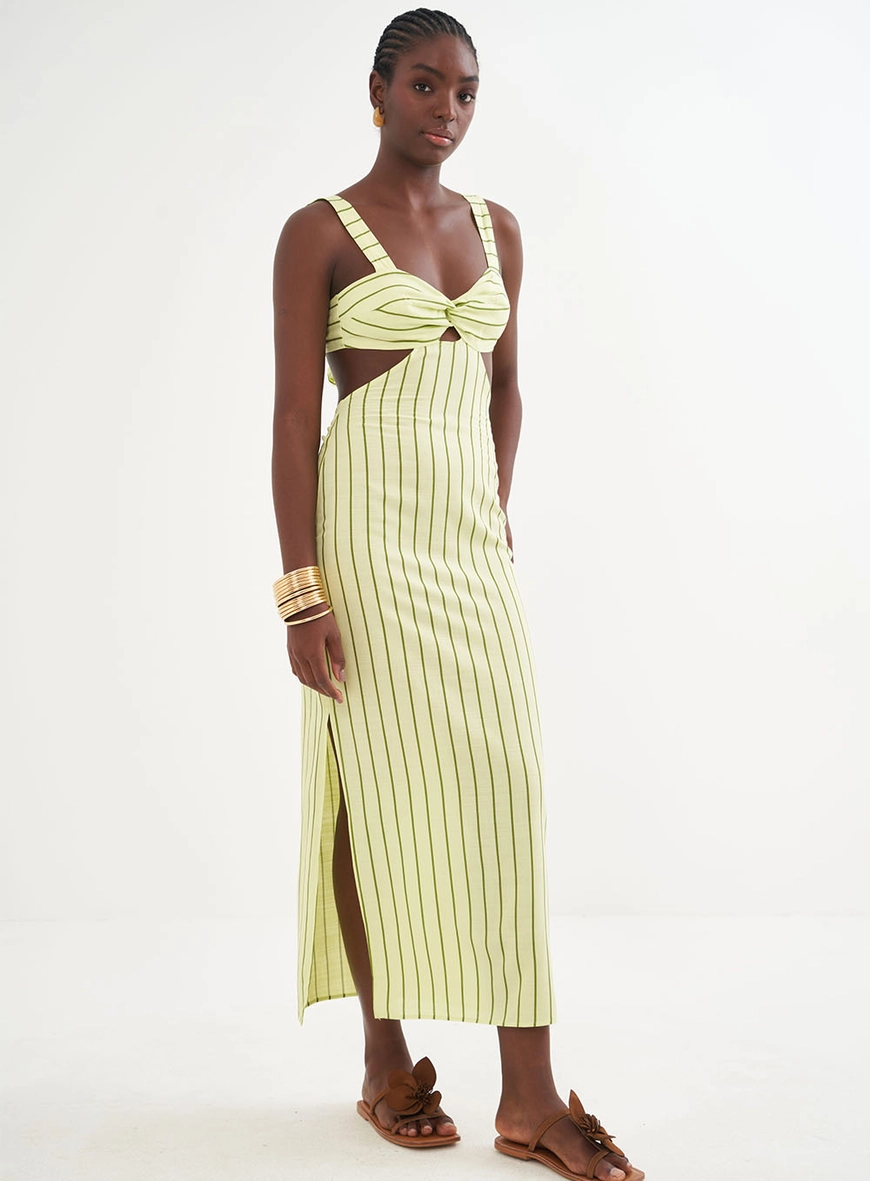 Vestido Midi Justo Com Listrado